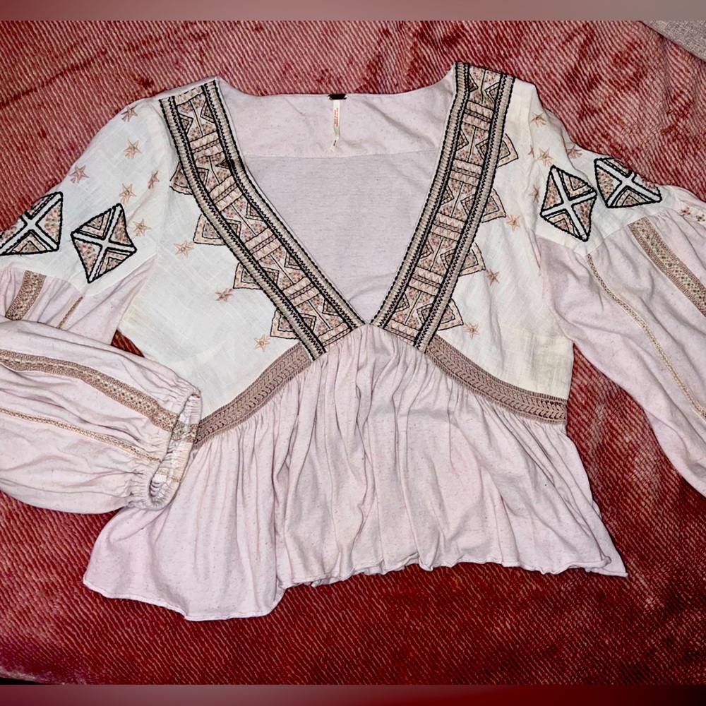 Free People 3/4 Length Sleeve Blouse Embroidered Details
